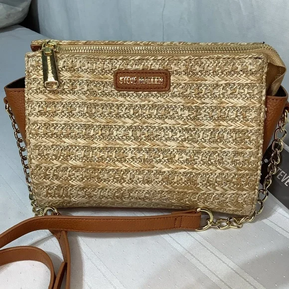 Steve Madden Crossbody Bag Straw Purse Natural Lexi Seasonal Brown Tan Gold - Picture 4 of 13